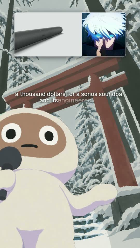 Doru with a microphone before a snowy shrine gate, beside a soundbar